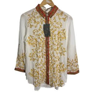 Grand & Green Top Women S White Gold Regal Roll Tab Sleeve Modest Workware Blous